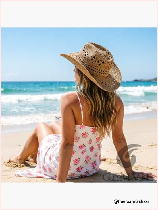 Straw Cowboy Hat with Chin Strap - Hollow Out Woven Summer Sun Hat, UPF 50+